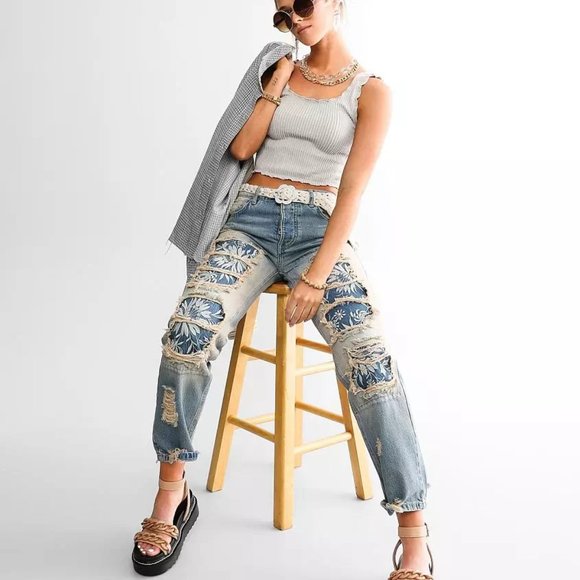 Free People Blue Patterned Straight Leg Jeans - Picture 4 of 12